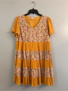 Boho Mustard Tiered Floral Mini Dress